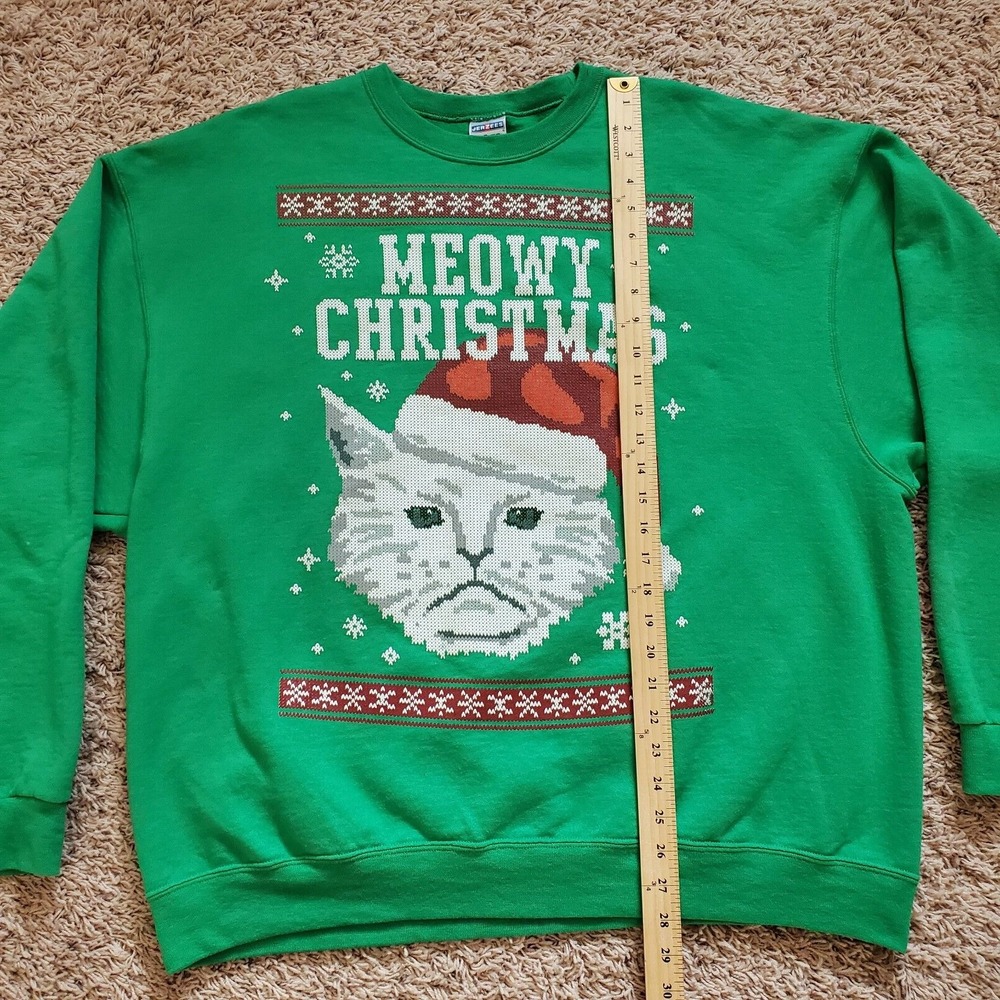 Meowy Christmas Cat Ugly Sweatshirt Unisex Crewneck Size 2XL Green Santa Hat - Picture 7 of 11